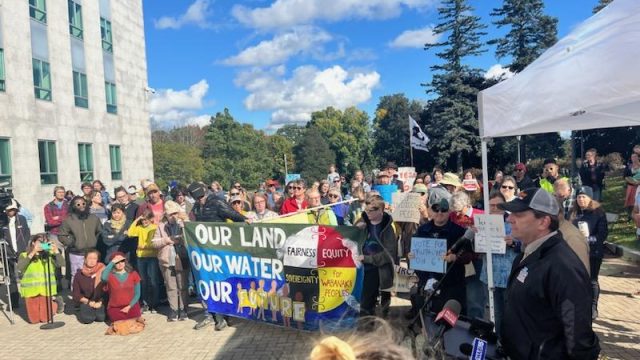 Maine Senate President Troy Jackson spoke in support of Question 6 at the 2023 Indigenous Peoples' Day rally and march. Photo: Rob Laraway Senate President Troy Jackson speaking to large crowd at Indigenous Peoples' Day rally in Augusta Maine